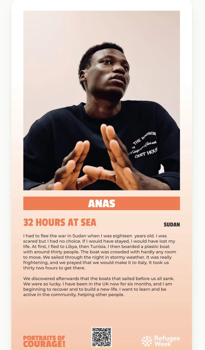 A Portraits of Courage exhibition panel featuring Anas from Syria.