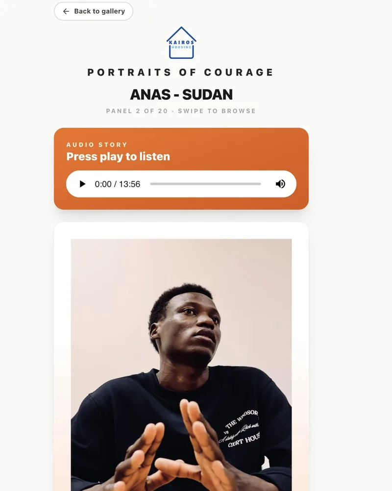 A Portraits of Courage audio interview playing on a phone.