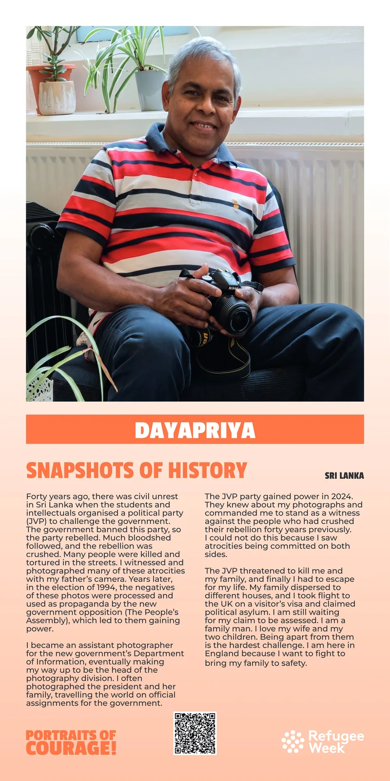 A Portraits of Courage exhibition panel featuring Diyapriya from Sri Lanka.