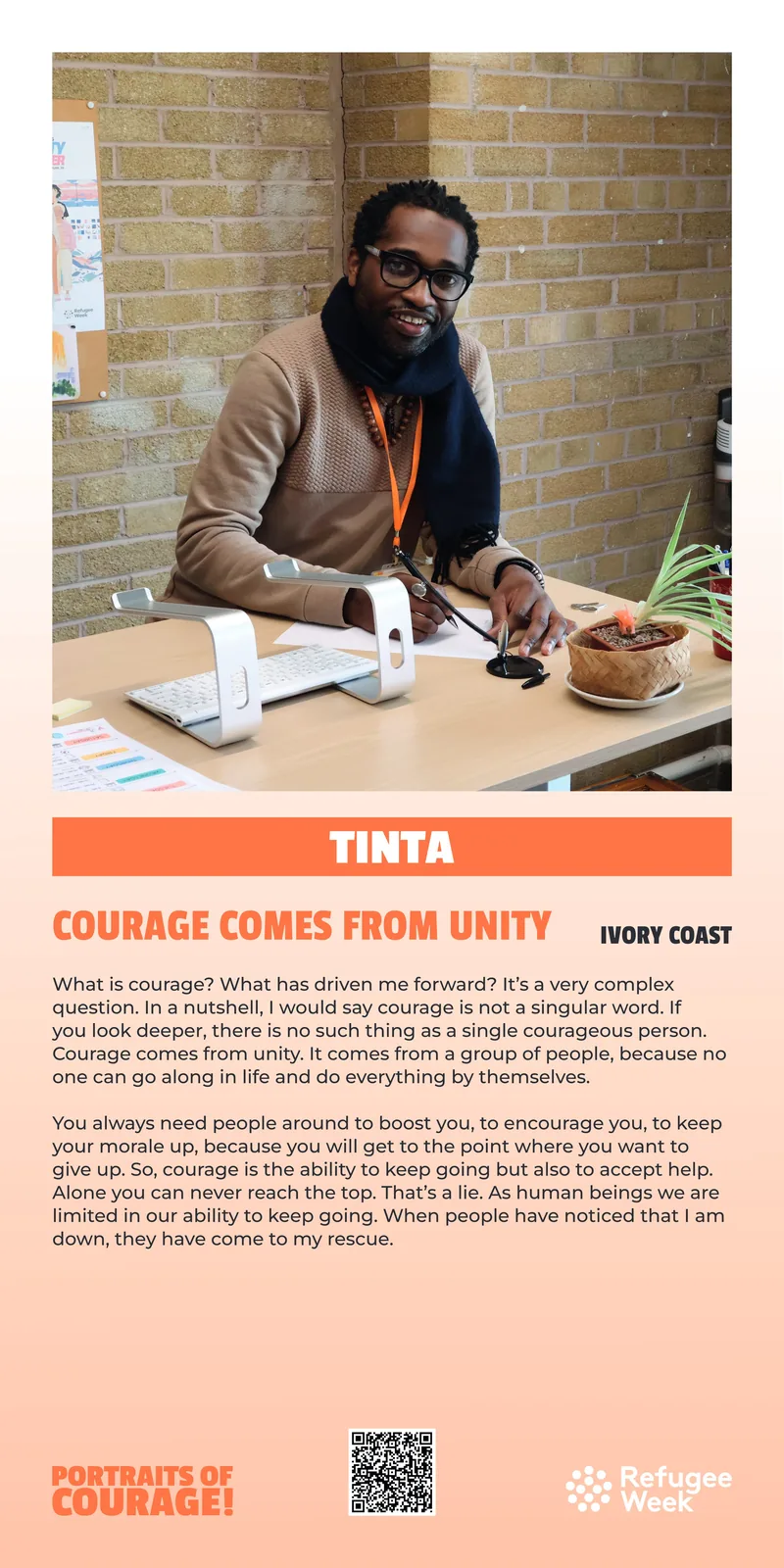 A Portraits of Courage exhibition panel featuring Tinta from Ivory Coast.