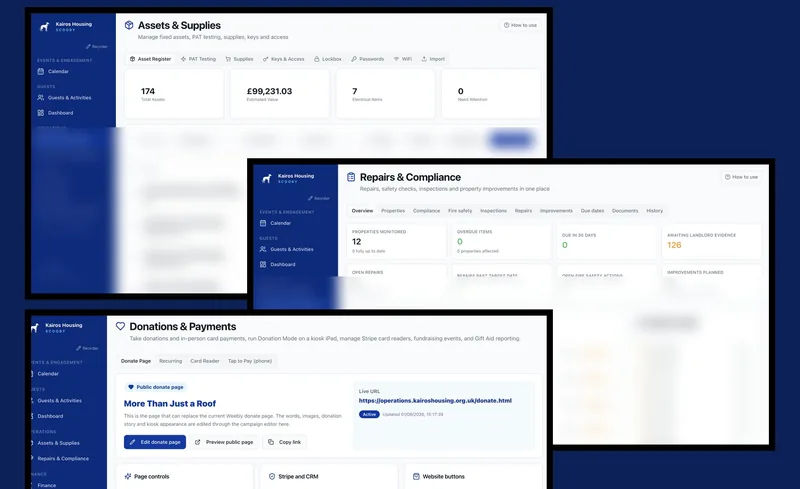 SCOOBY modules for properties, repairs, compliance, payments and donations.